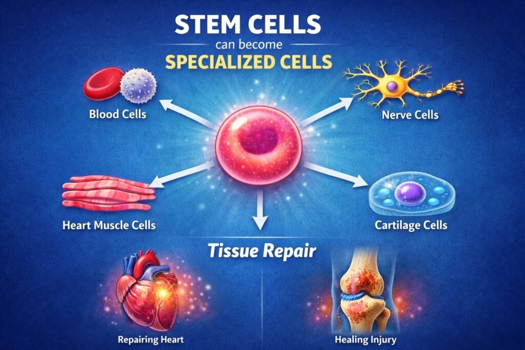 Stem cells (illustration) can transform into specialized cells to repair tissues.