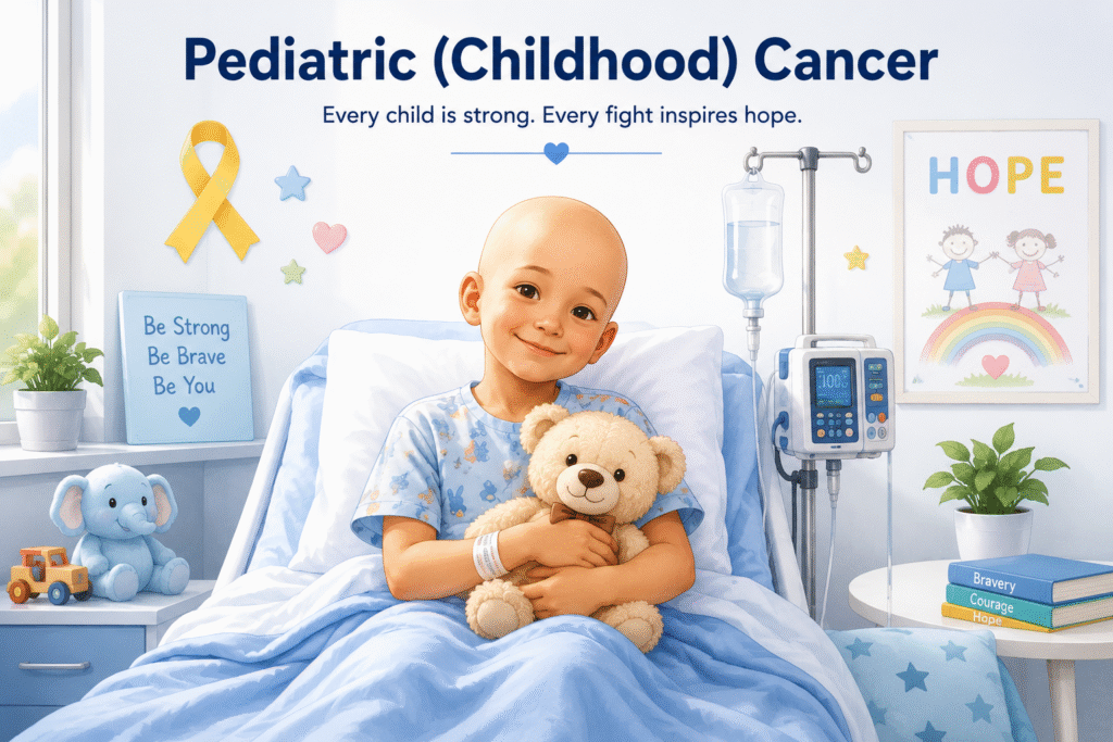 Pediatric (Childhood) Cancer awareness illustration of a child receiving cancer treatment in a hospital, highlighting hope, pediatric oncology care, and family support.