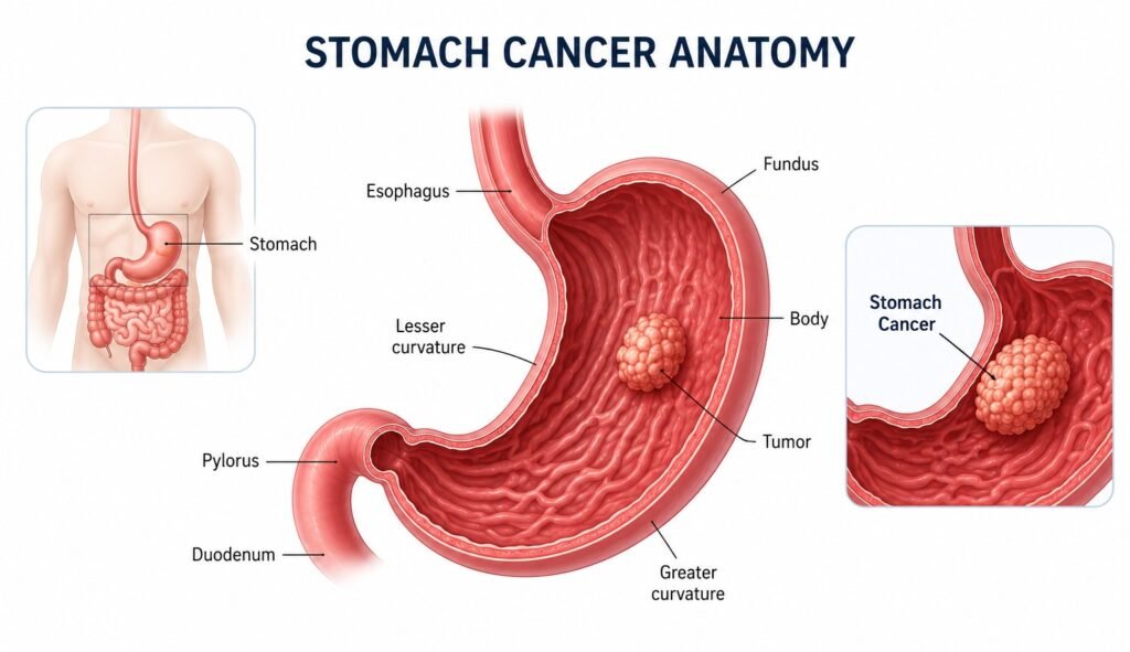 illustration showing stomach cancer anatomy