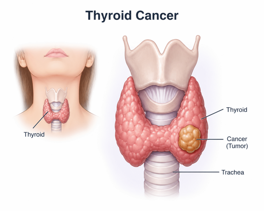 illustration showing anatomy of thyroid cancer