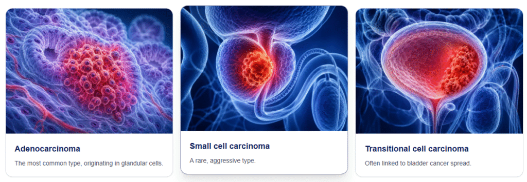 Illustration showing the different types of prostate cancer, including adenocarcinoma and rare variants