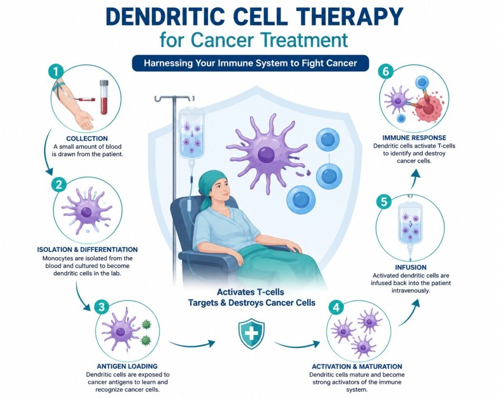 Medical illustration showing dendritic cell therapy for cancer treatment, where immune cells are collected, activated in a laboratory, and infused back into the patient to help T-cells identify and destroy cancer cells.