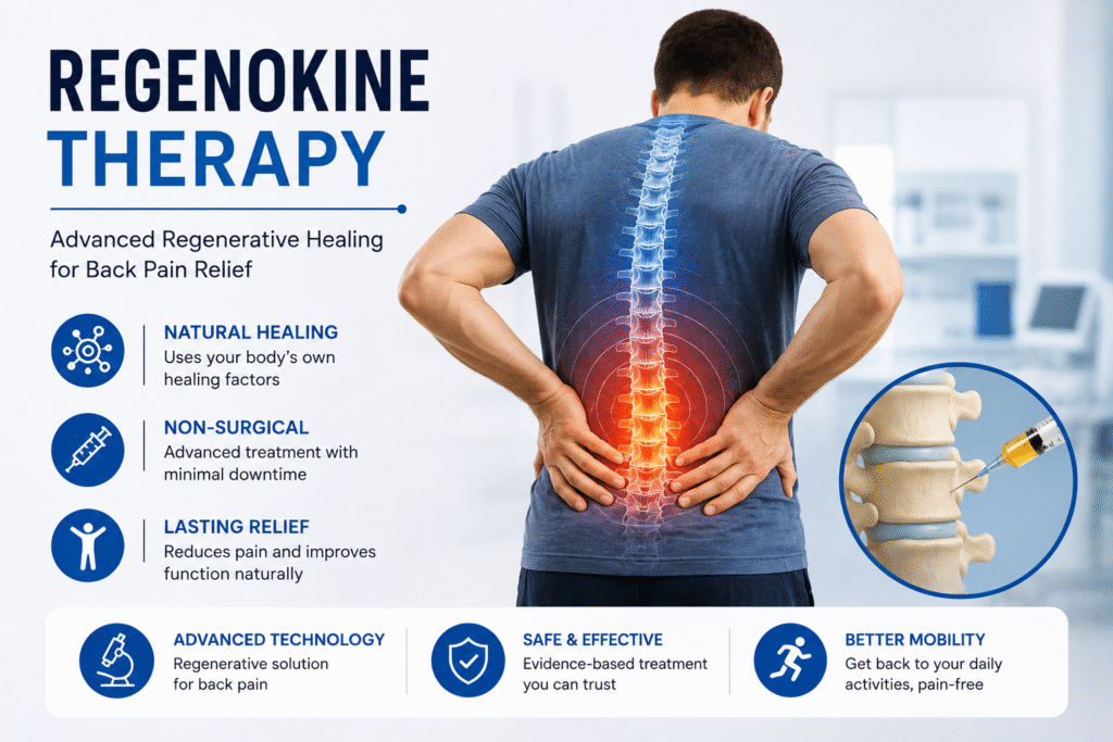 Regenokine therapy for back pain using non-surgical regenerative treatment