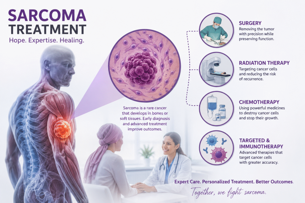 Sarcoma treatment illustration showing a tumor in soft tissue, cancer cells, surgery, radiation therapy, chemotherapy, and targeted immunotherapy.