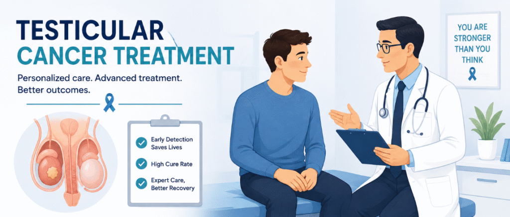 Illustration of testicular cancer treatment showing a doctor consulting a patient with surgery, chemotherapy, radiation therapy, and active surveillance options.
