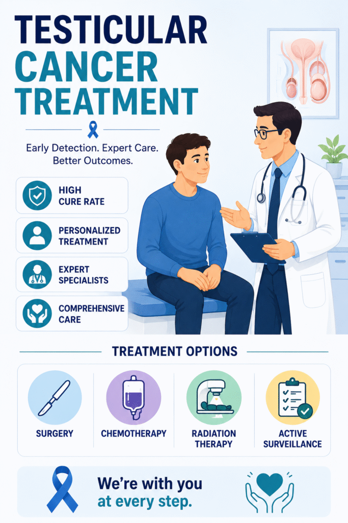 Illustration of testicular cancer treatment with doctor consultation, surgery, chemotherapy, radiation, and surveillance.