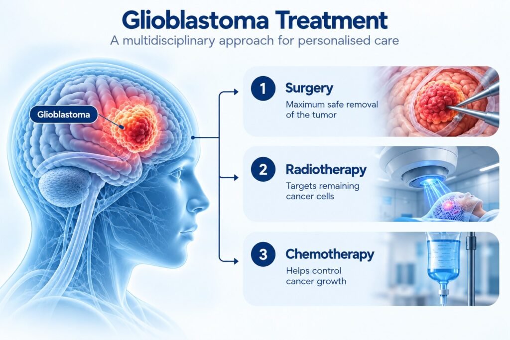 illustration showing glioblastoma treatment options available 