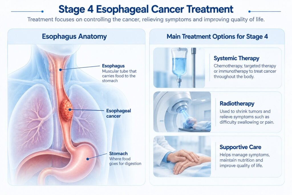 illustration showing Esophageal cancer at stager 4 with treatment options available